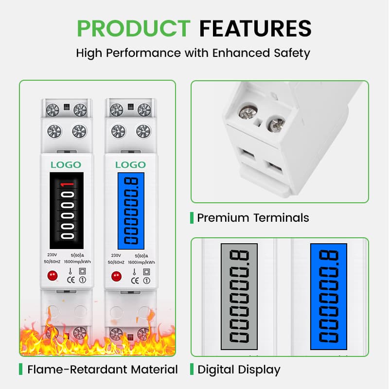 ADD 18mm 1P Single-Phase DIN Rail Energy Meter 5(60)A 230V Class 1