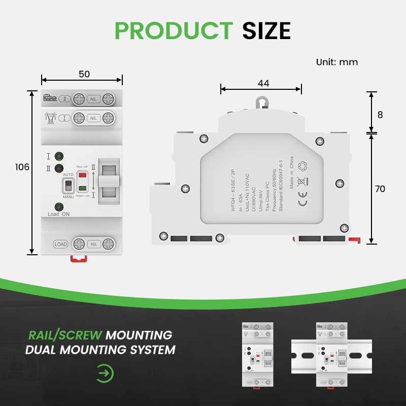 63A 2P Automatic Transfer Switch 110V/220V - PC Class 50ms Fast Switching ATS for Home & RV
