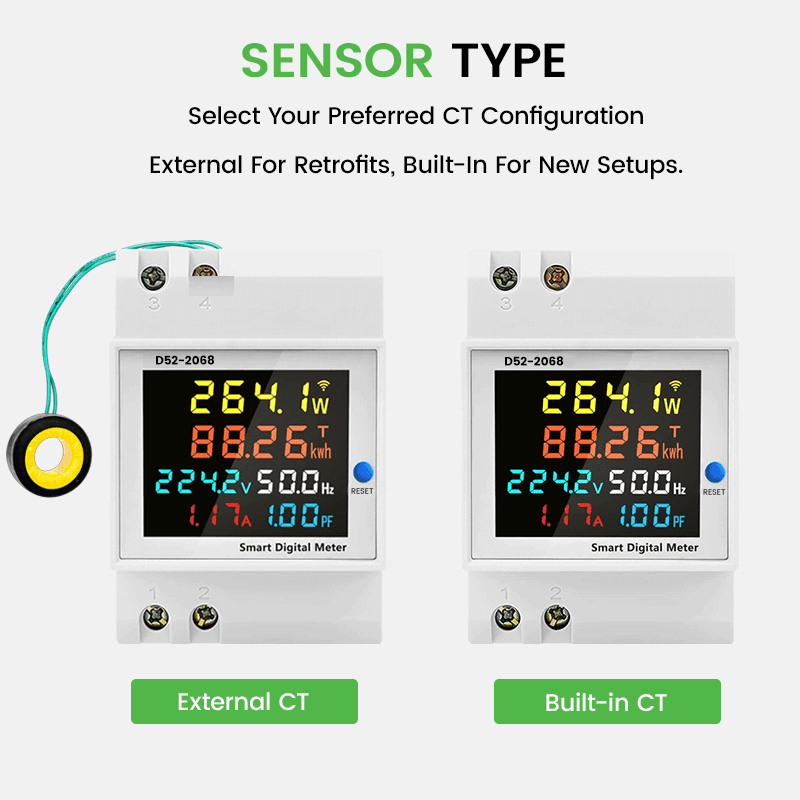 D52-2066 6-in-1 AC Power Monitor DIN Rail 110V 220V 380V 100A Voltage Current Power Factor kWh Frequency