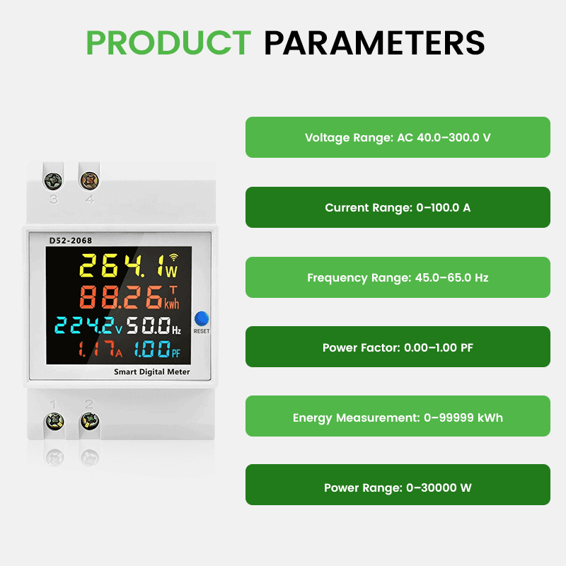 D52-2066 6-in-1 AC Power Monitor DIN Rail 110V 220V 380V 100A Voltage Current Power Factor kWh Frequency