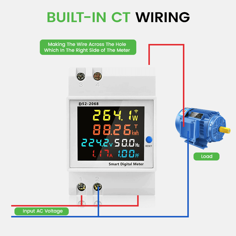 D52-2066 6-in-1 AC Power Monitor DIN Rail 110V 220V 380V 100A Voltage Current Power Factor kWh Frequency