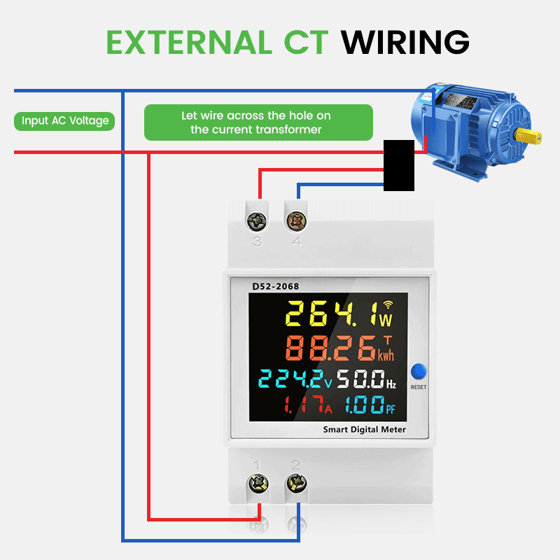 D52-2066 6-in-1 AC Power Monitor DIN Rail 110V 220V 380V 100A Voltage Current Power Factor kWh Frequency