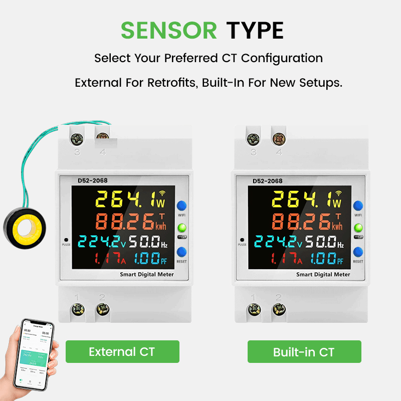 D52-2066 Tuya WiFi Smart Energy Meter 6-in-1 DIN Rail Monitor with Remote App Control