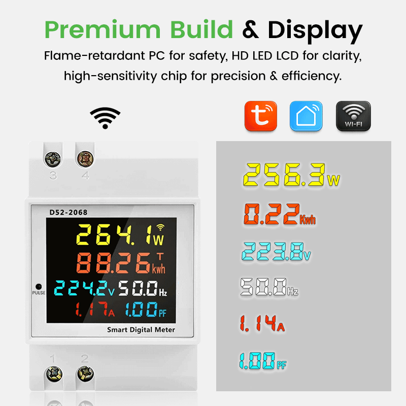 D52-2066 Tuya WiFi Smart Energy Meter 6-in-1 DIN Rail Monitor with Remote App Control