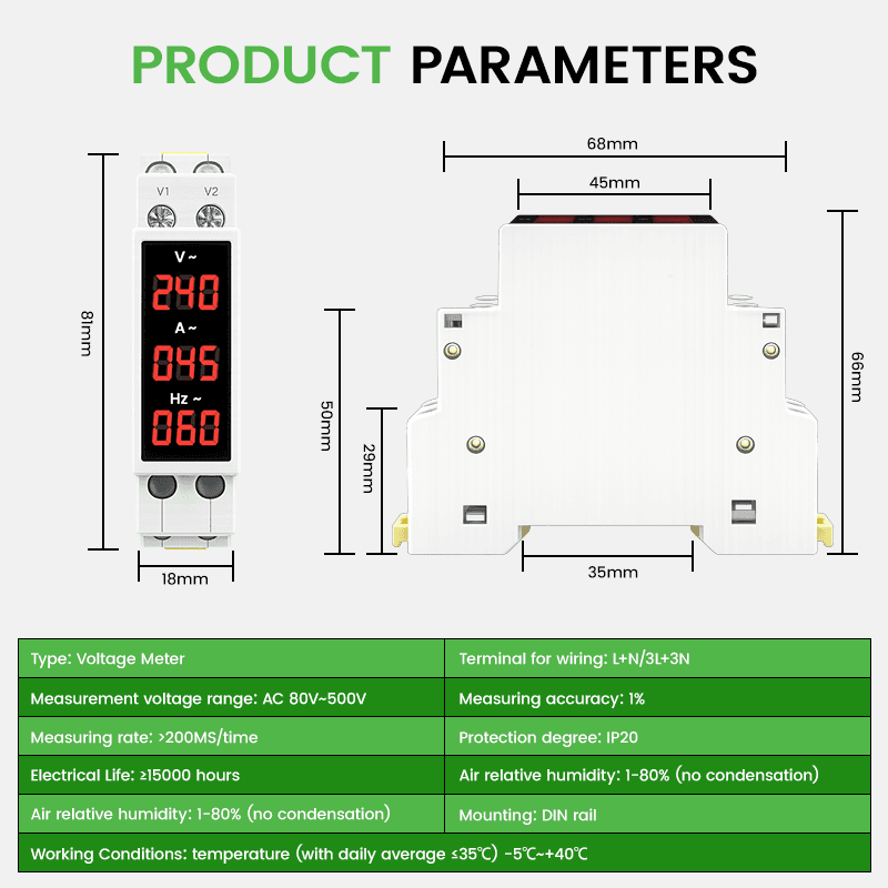 DDR Series 18mm DIN Rail AC Digital Multi-Function Meter Voltage Current Frequency