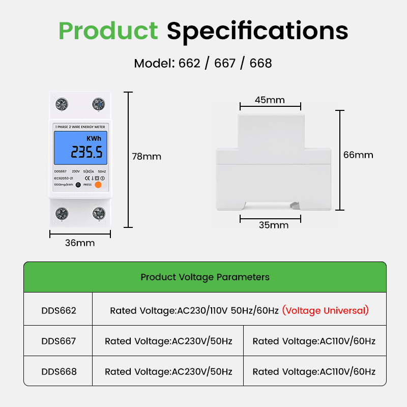 DDS Single-Phase DIN Rail Energy Meter DDS662 DDS667 DDS668 Series 110V 230V