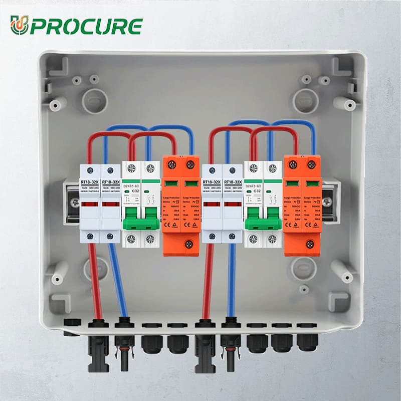 PV Combiner Box 2 String Input 2 Output, 500V DC 32A Breaker, 15A Fuse & 40kA SPD