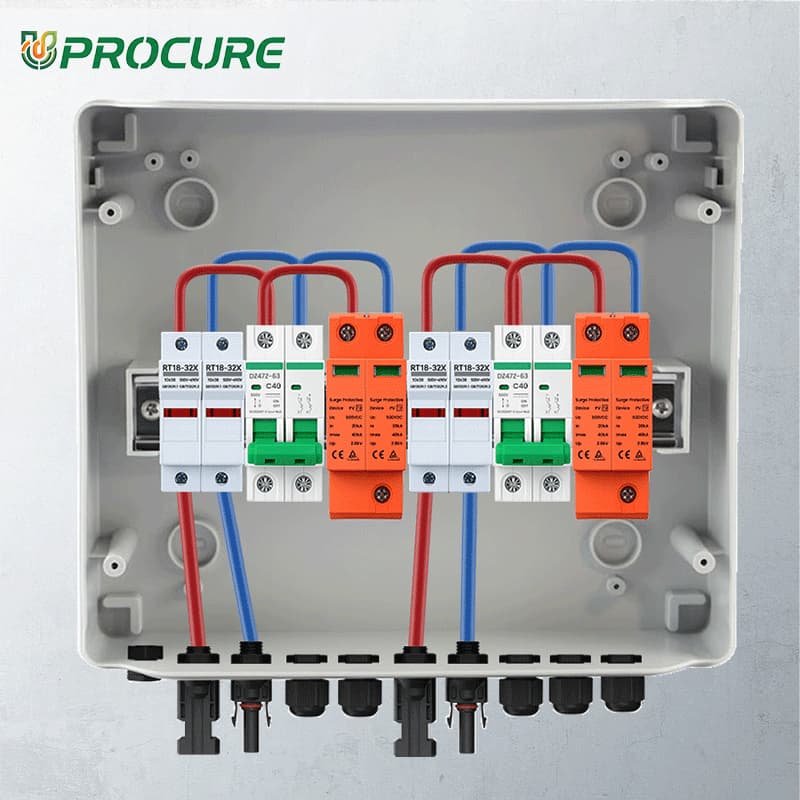 PV Combiner Box 2 String Input 2 Output, 500V DC 40A Breaker, 20A Fuse & 40kA SPD