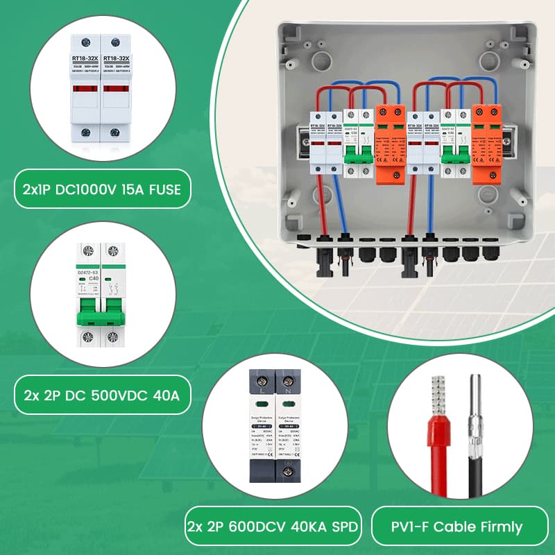PV Combiner Box 2 String Input 2 Output, 500V DC 40A Breaker, 20A Fuse & 40kA SPD
