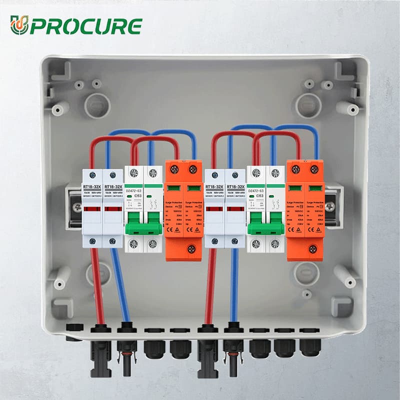 PV Combiner Box 2 String Input 2 Output, 500V DC 63A Breaker, 30A Fuse & 40kA SPD