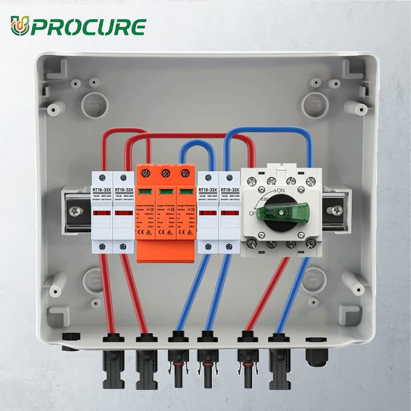 PV Combiner Box 2 String Input 1 Output, 1000V DC, 32A Isolator Switch, 15A Fuse & 40kA SPD