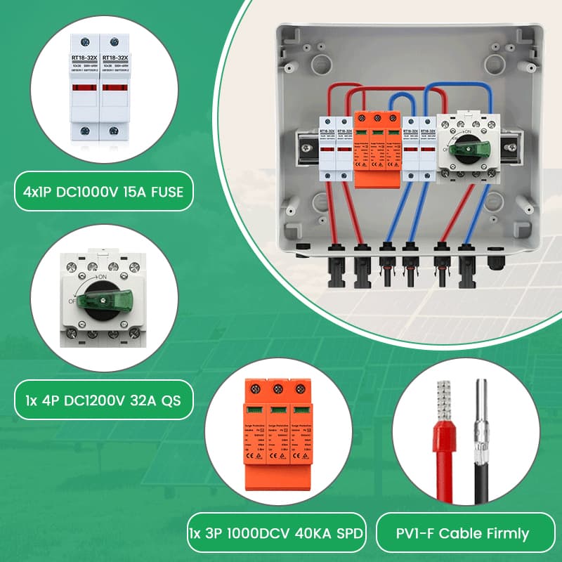 PV Combiner Box 2 String Input 1 Output, 1000V DC, 32A Isolator Switch, 15A Fuse & 40kA SPD