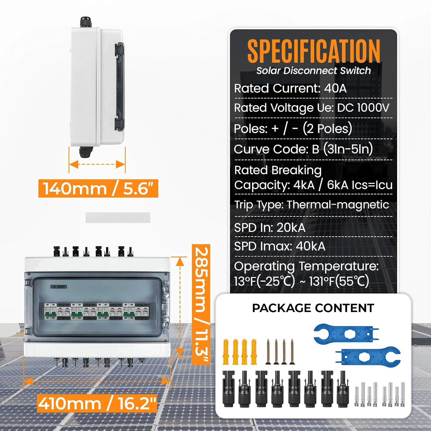 PV Combiner Box (White) 1 String Input 1 Output, 4× 40A DC Breakers & 4× 500V/40kA SPDs