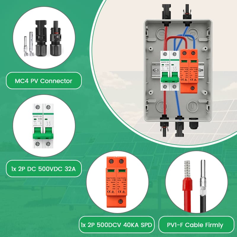 PV Combiner Box 1 String Input 1 Output, 500V DC 32A Breaker & 40kA SPD