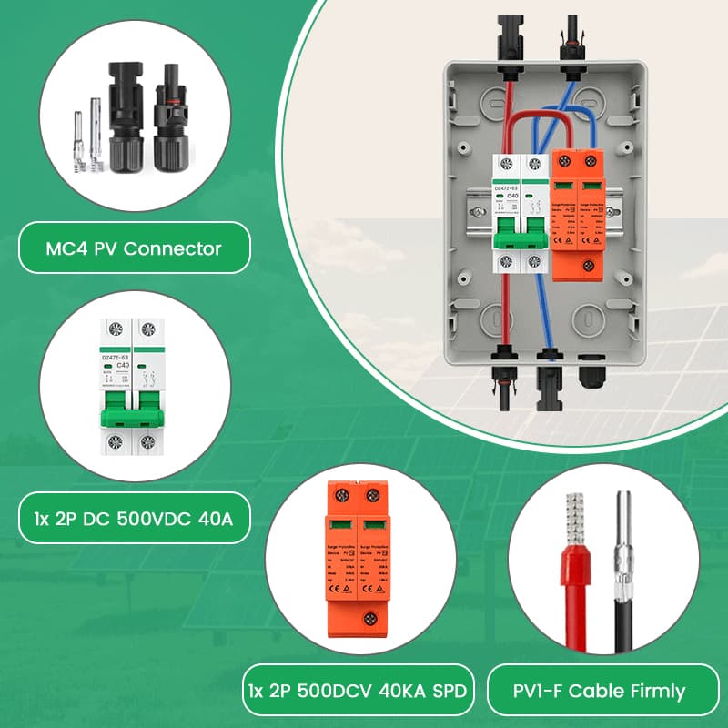 PV Combiner Box 1 String Input 1 Output, 500V DC 40A Breaker & 40kA SPD
