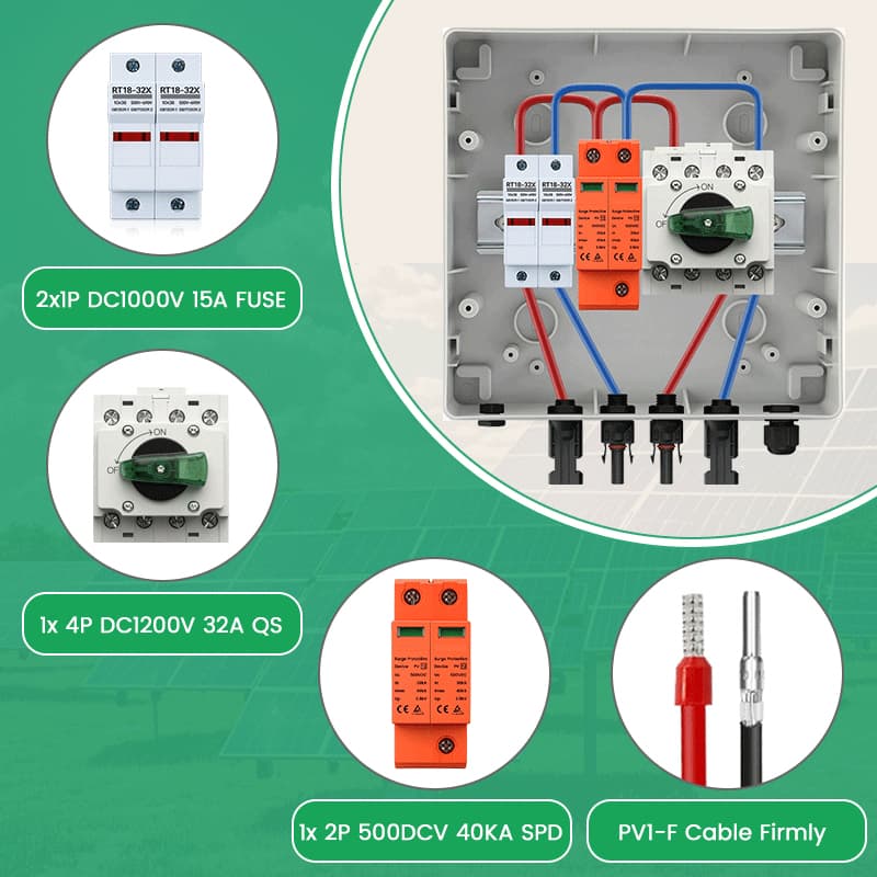PV Combiner Box 1 String Input 1 Output, 1000V DC, 32A Isolator Switch, 15A Fuse & 40kA SPD