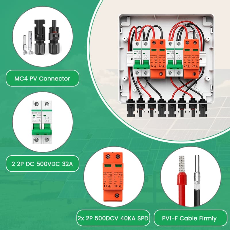 PV Combiner Box 1 String Input 1 Output, Dual 32A DC Breakers & Dual 500V/40kA SPDs
