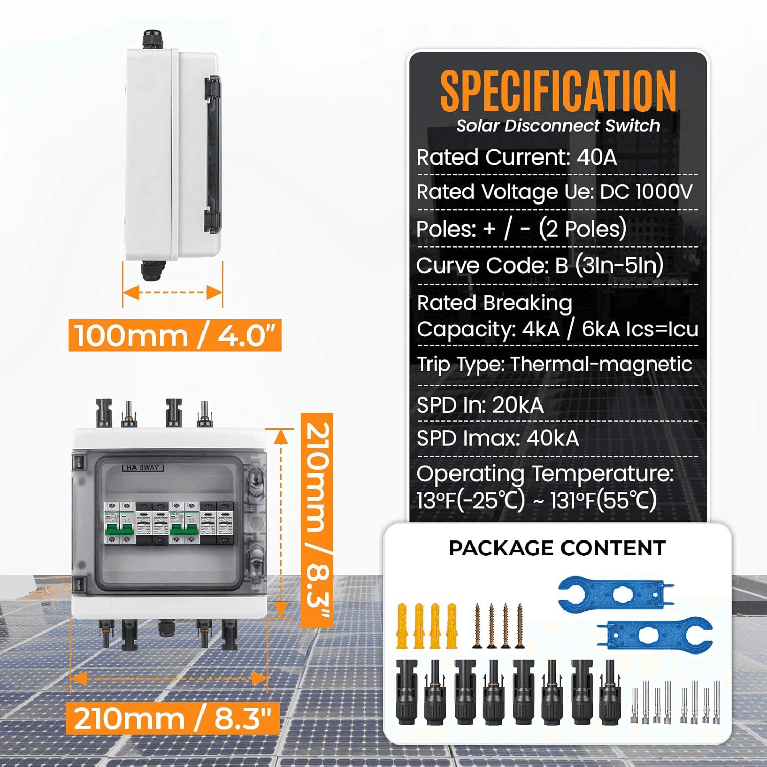 PV Combiner Box (White) 1 String Input 1 Output, Dual 40A DC Breakers & Dual 500V/40kA SPDs