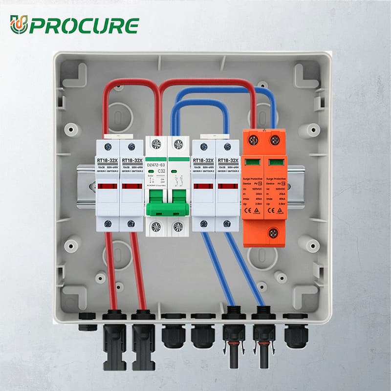 PV Combiner Box 2 String Input 1 Output, 500V DC 32A Breaker, 15A Fuse & 40kA SPD