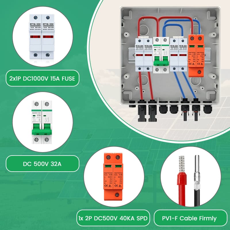 PV Combiner Box 2 String Input 1 Output, 500V DC 32A Breaker, 15A Fuse & 40kA SPD