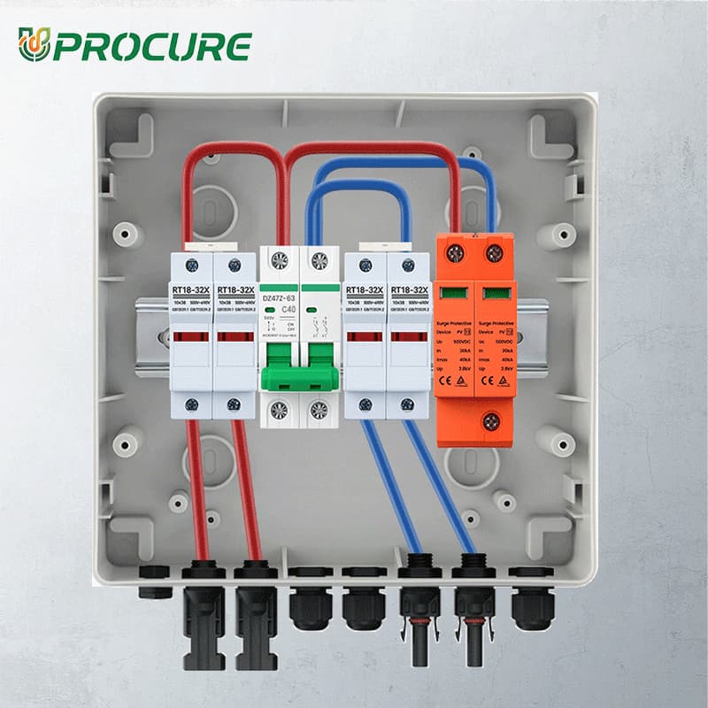 PV Combiner Box 2 String Input 1 Output, 500V DC 40A Breaker, 20A Fuse & 40kA SPD