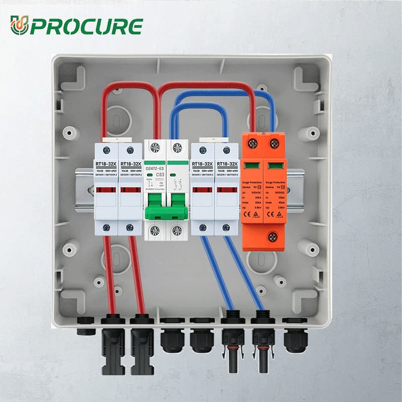 PV Combiner Box 2 String Input 1 Output, 500V DC 63A Breaker, 30A Fuse & 40kA SPD