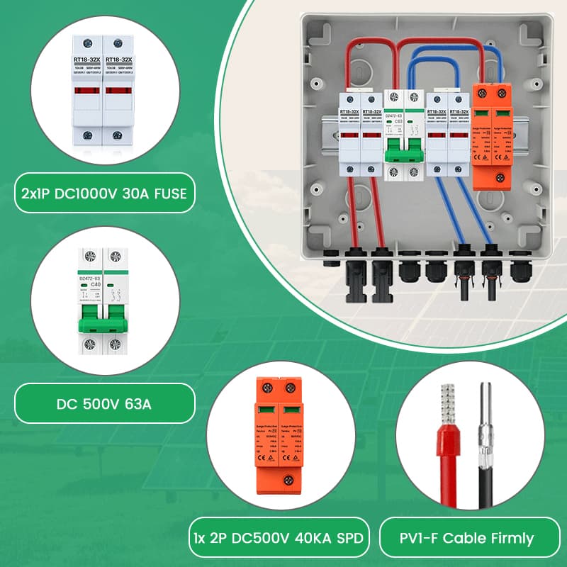 PV Combiner Box 2 String Input 1 Output, 500V DC 63A Breaker, 30A Fuse & 40kA SPD