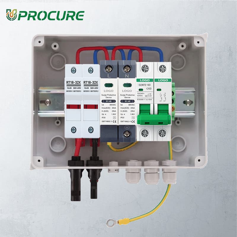 PV Combiner Box 1 String Input 1 Output, 600V DC 63A Breaker, 15A Fuse & 40kA SPD