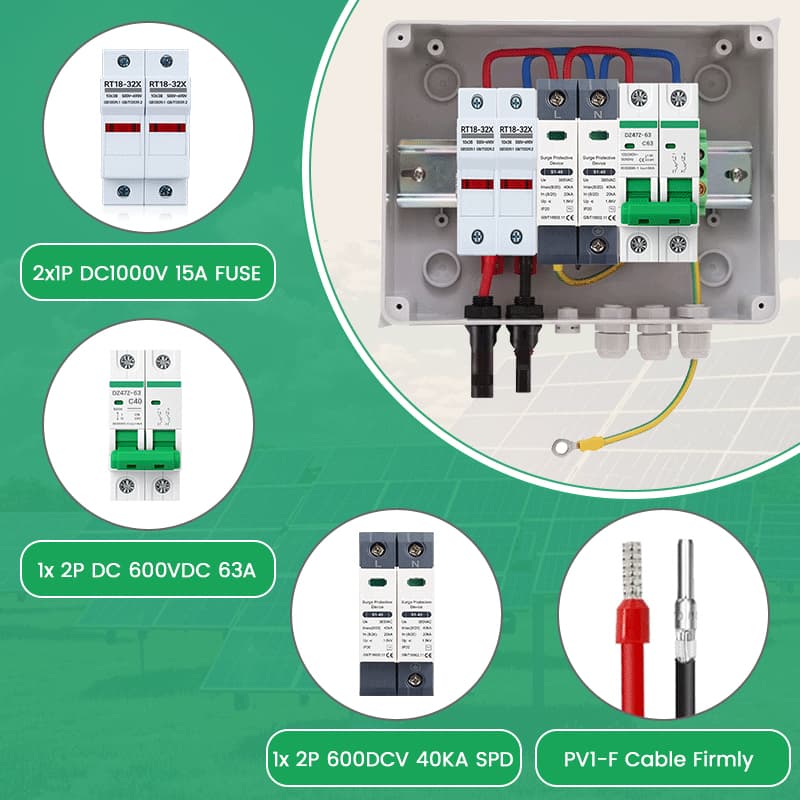 PV Combiner Box 1 String Input 1 Output, 600V DC 63A Breaker, 15A Fuse & 40kA SPD
