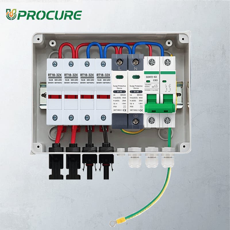 PV Combiner Box 2 String Input 1 Output, 600V DC 63A Breaker, 15A Fuse & 40kA SPD