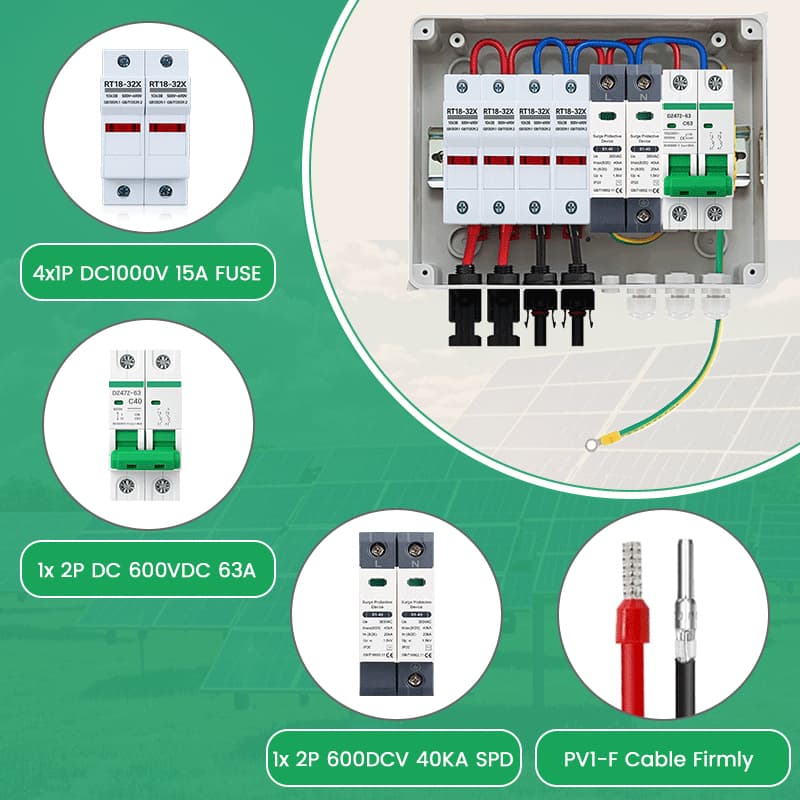 PV Combiner Box 2 String Input 1 Output, 600V DC 63A Breaker, 15A Fuse & 40kA SPD