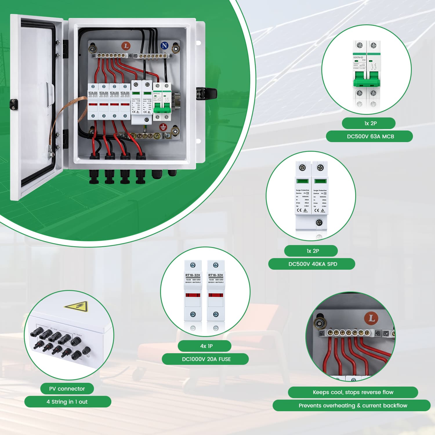 PV Combiner Box 4 PV Array Inputs, 63A DC Breaker, 20A Fuse & 40kA SPD (Steel, with Safety Lock)