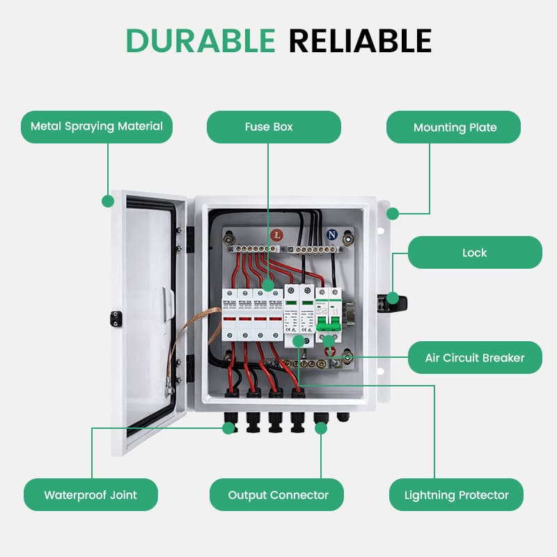 PV Combiner Box 4 PV Array Inputs, 63A DC Breaker, 20A Fuse & 40kA SPD (Steel, with Safety Lock)