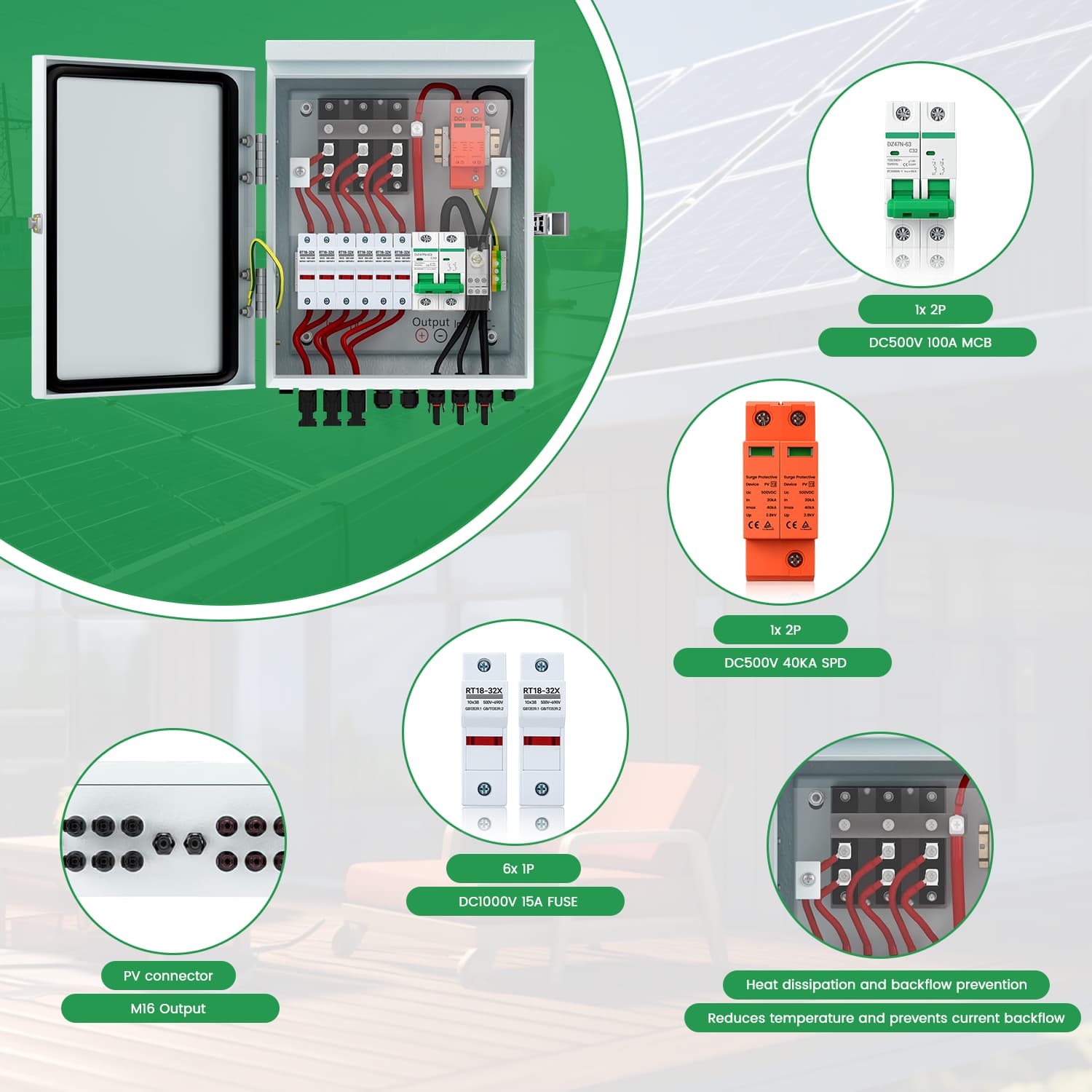 PV Combiner Box 6 PV Array Inputs, 100A DC Breaker, 15A Fuse & 40kA SPD (Steel, with Radiator)
