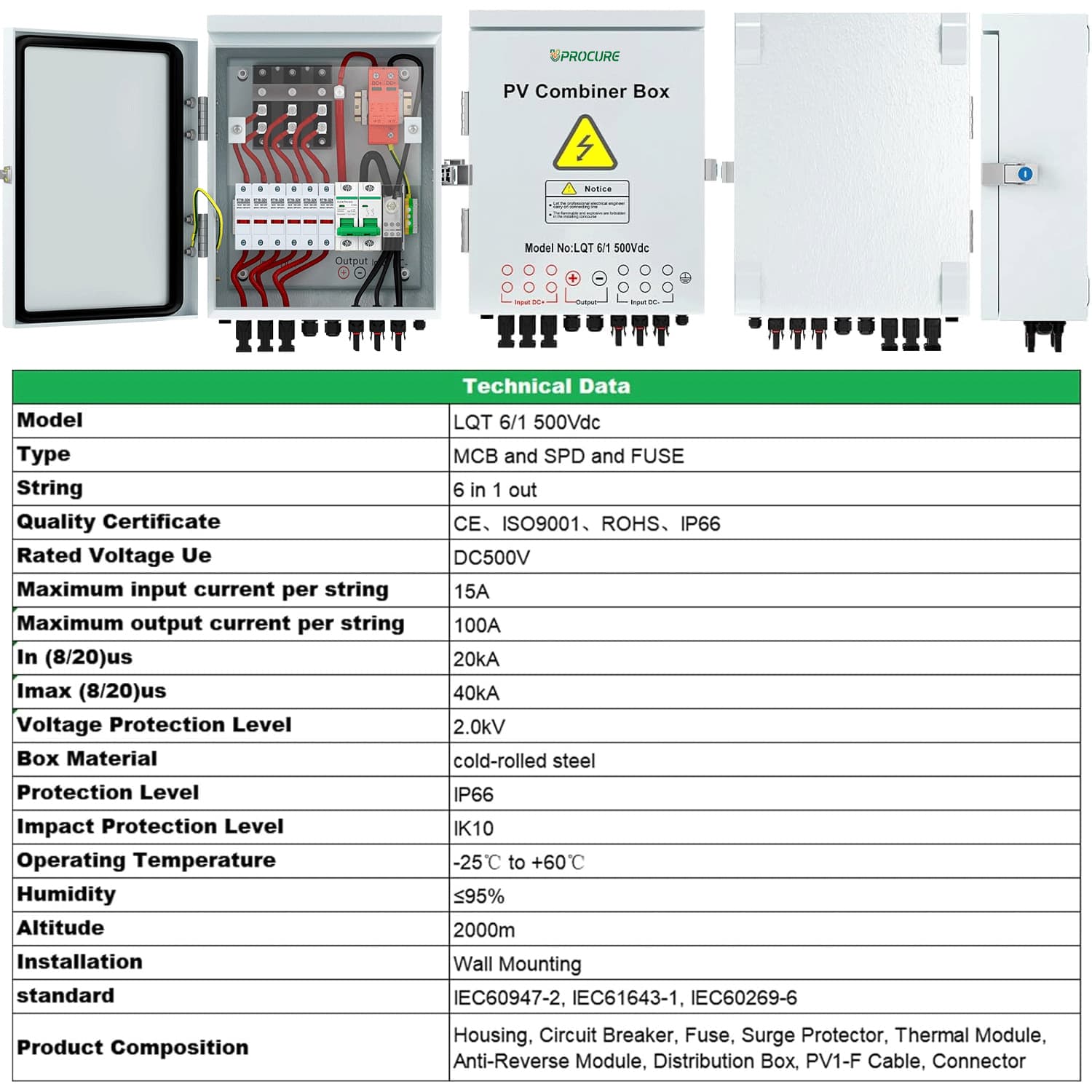 PV Combiner Box 6 PV Array Inputs, 100A DC Breaker, 15A Fuse & 40kA SPD (Steel, with Radiator)