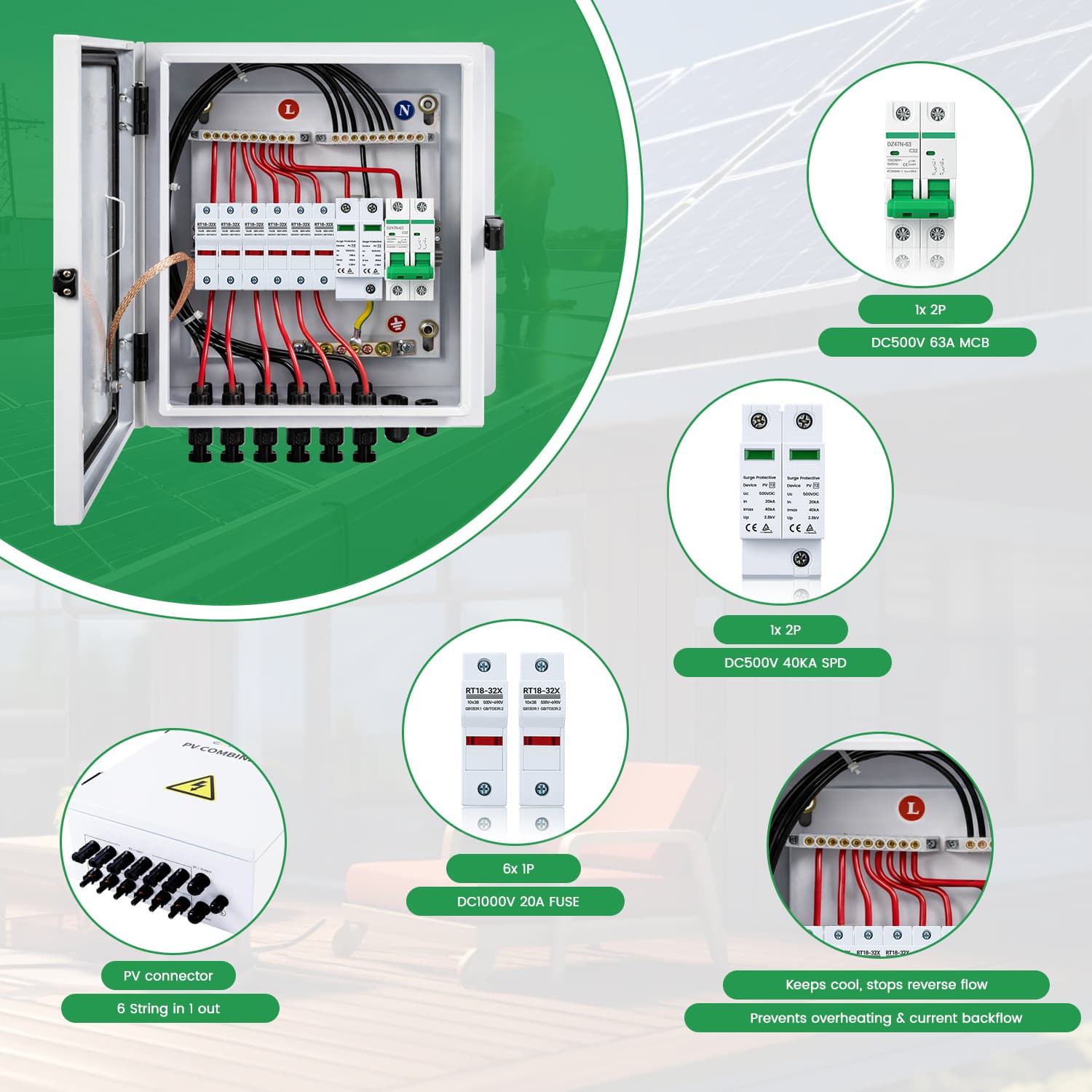 PV Combiner Box 6 PV Array Inputs, 63A DC Breaker, 20A Fuse & 40kA SPD (Steel, with Safety Lock)