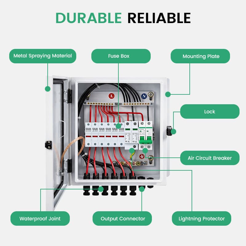 PV Combiner Box 6 PV Array Inputs, 63A DC Breaker, 20A Fuse & 40kA SPD (Steel, with Safety Lock)