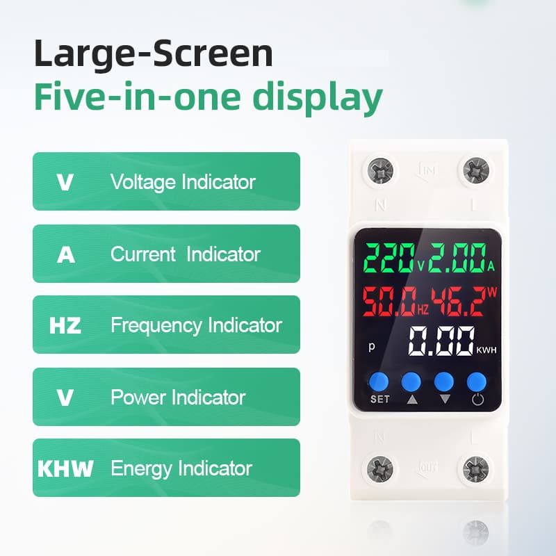 PN2-VAFD 5-in-1 Self-Resetting Voltage Protector with Voltage, Current, Power, Frequency & kWh Meter