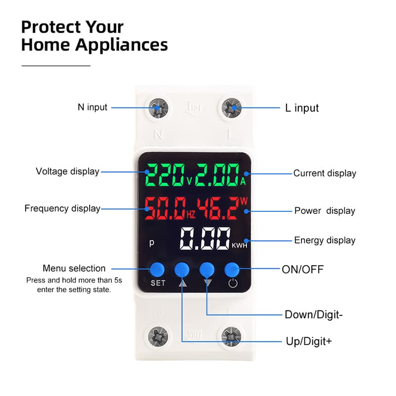 PN2-VAFD 5-in-1 Self-Resetting Voltage Protector with Voltage, Current, Power, Frequency & kWh Meter