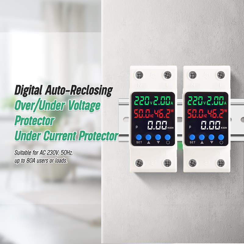 PN2-VAFD 5-in-1 Self-Resetting Voltage Protector with Voltage, Current, Power, Frequency & kWh Meter