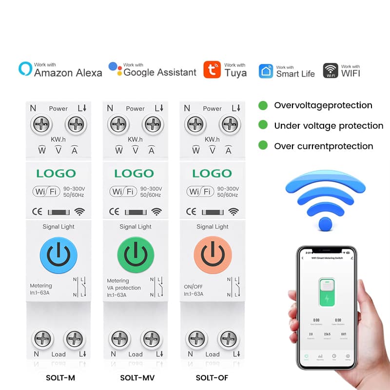 SOLT Tuya WiFi Smart DIN Rail Circuit Breaker with Energy Monitoring and Voltage Protection