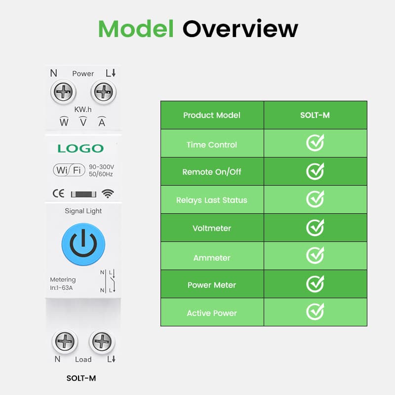 SOLT Tuya WiFi Smart DIN Rail Circuit Breaker with Energy Monitoring and Voltage Protection