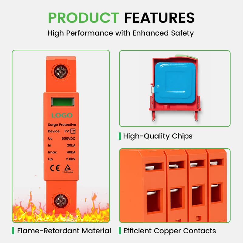 2P DC Surge Protector 500V/1000V 40kA - PV Solar SPD for RV & Residential Solar Systems (Orange)