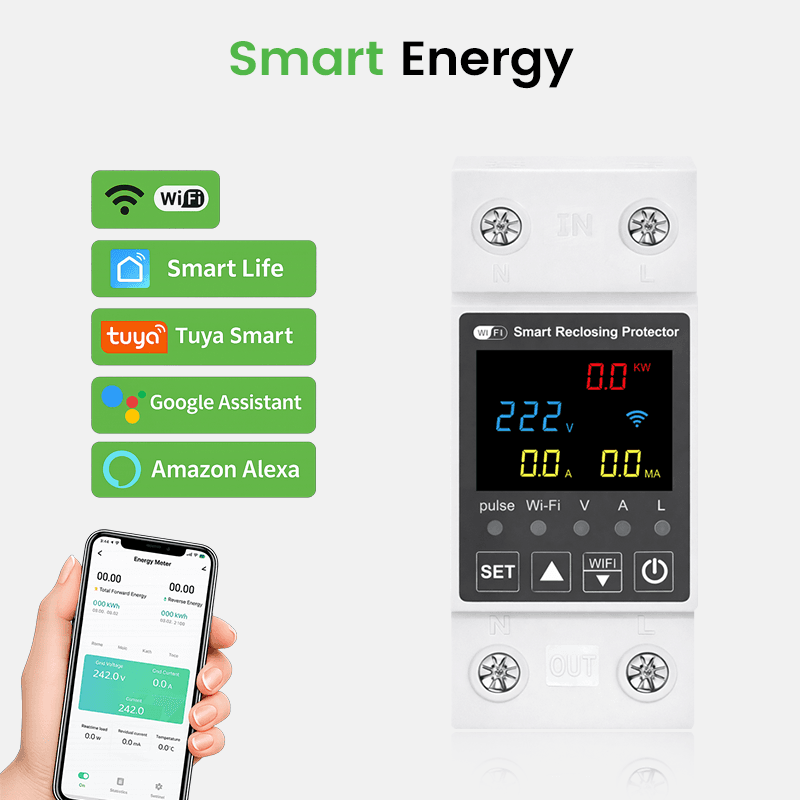SRP Tuya WiFi Smart Reclosing Leakage Protector 63A 10-in-1 with TFT Display and Energy Metering