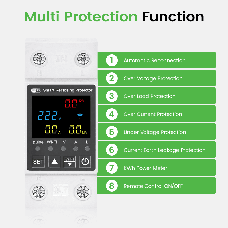 SRP Tuya WiFi Smart Reclosing Leakage Protector 63A 10-in-1 with TFT Display and Energy Metering