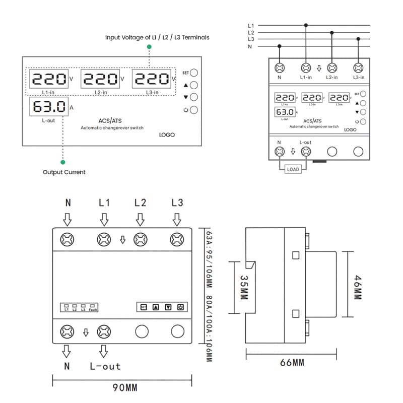 STATS-04 3-Way ATS Automatic Transfer Switch with Triple Voltage & Output Current Display