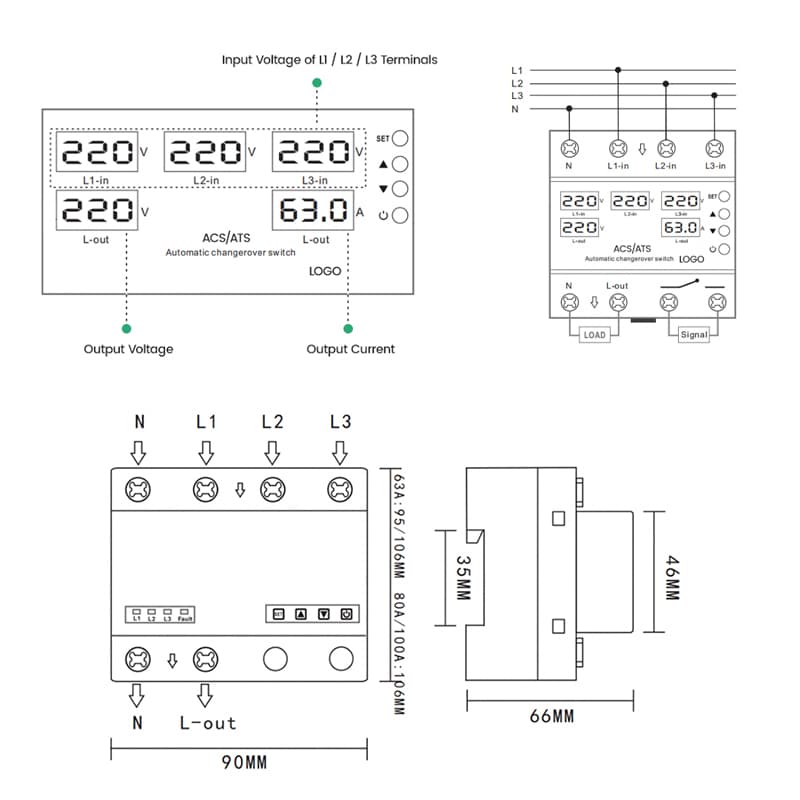 STATS-05 3-Way ATS Automatic Transfer Switch with Full 5-Parameter Display